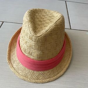 Super cute fedora straw hat with coral ribbon detail